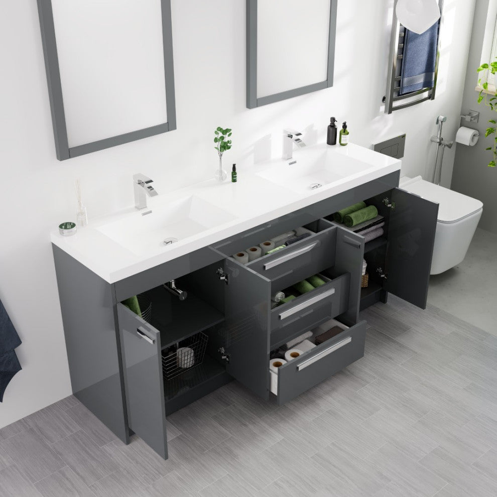 Eviva Lugano 72" Gray Modern Double Sink Bathroom Vanity With White Top
