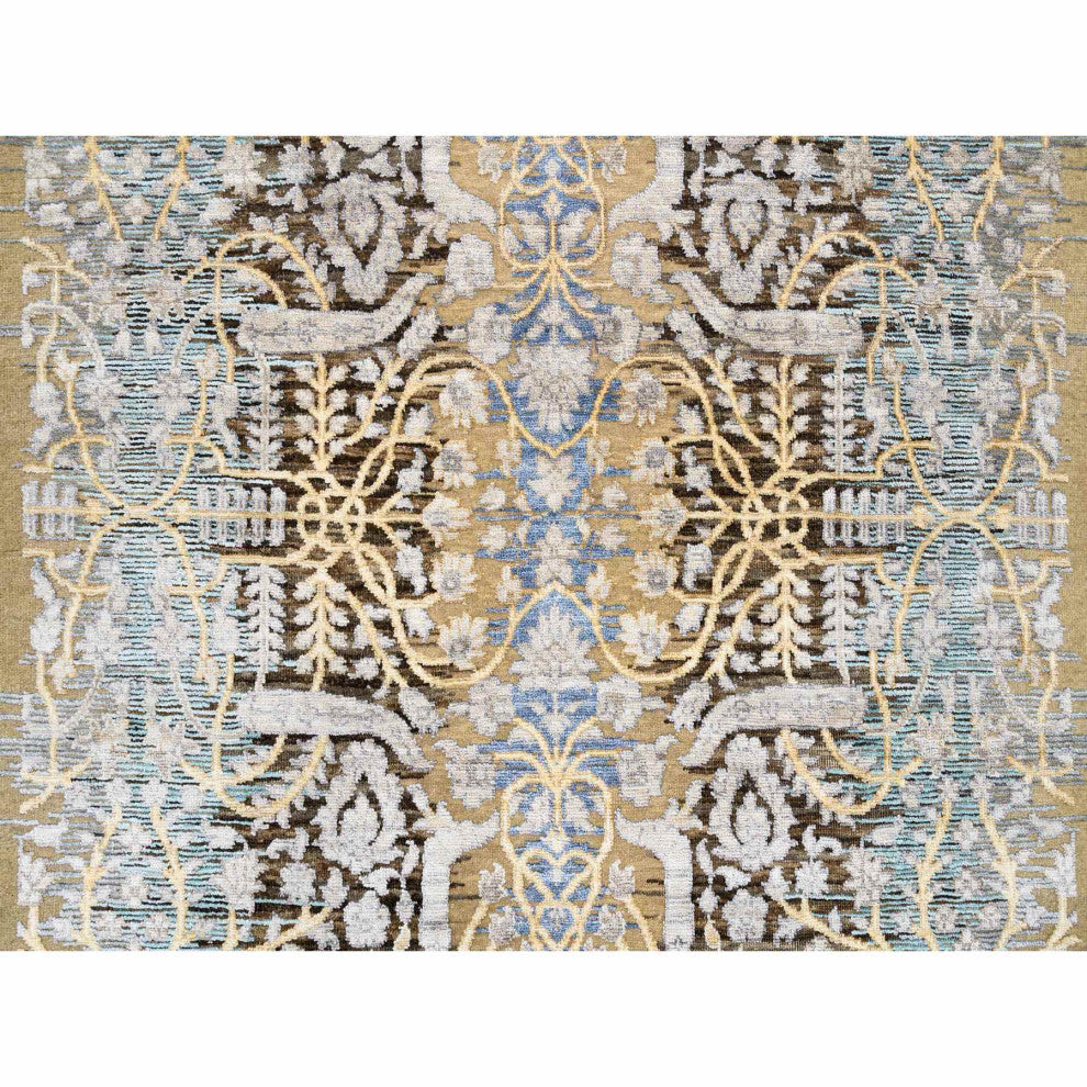 Honey Brown Hand Knotted Silk With Textured Wool Wide Runner Rug 4'2" x 10'0"