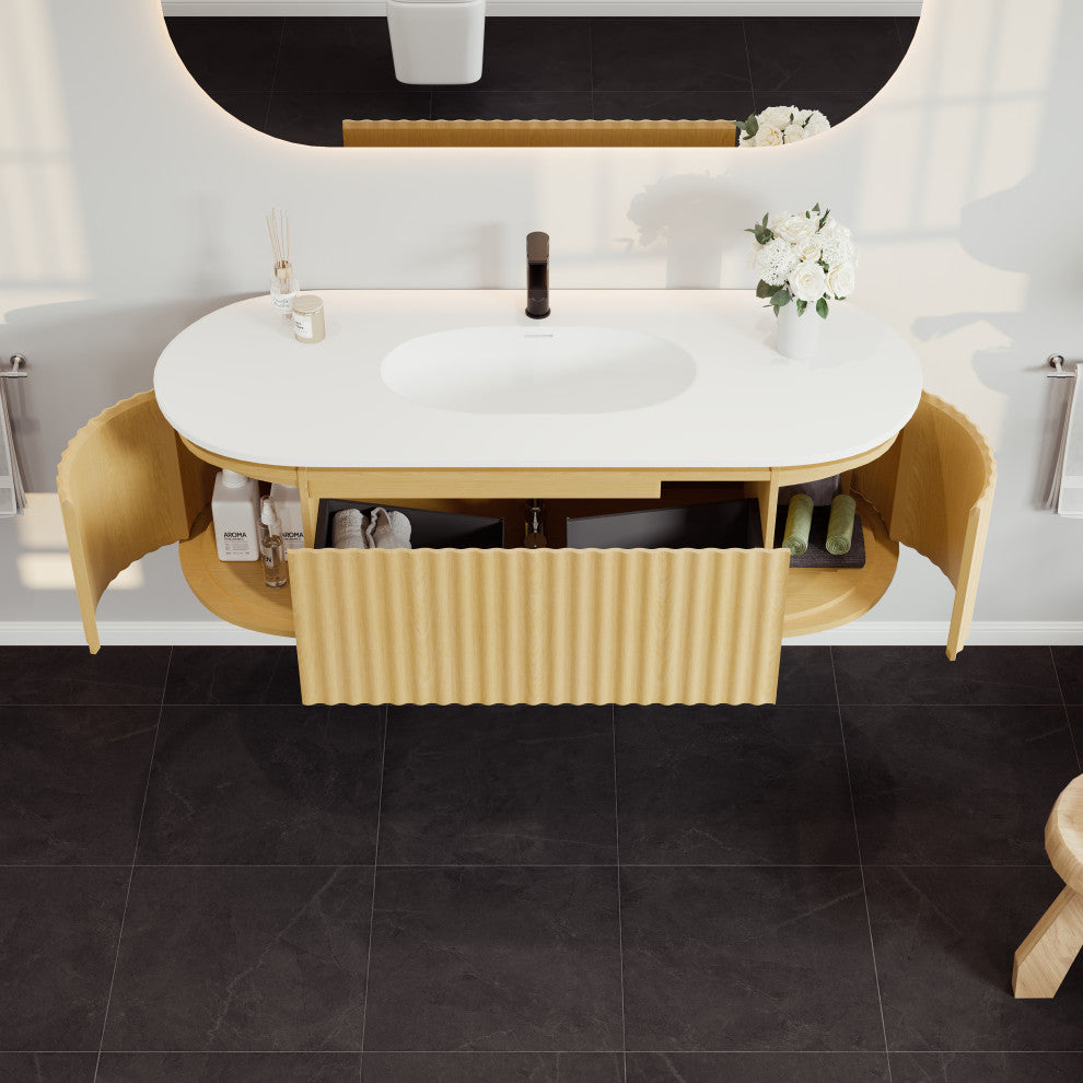Eviva Haven 55" Oak Wallmount Vanity With White Solid Surface Integrated Top