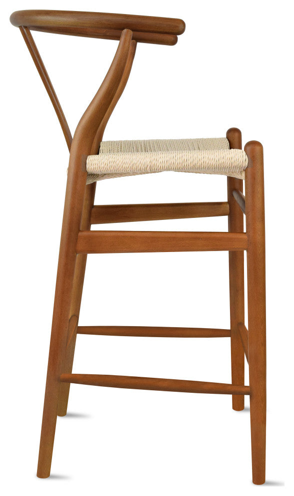 Set of 2 Wishbone Wood Elbow Barstool with Y Back, Woven Beige Seat, Espresso