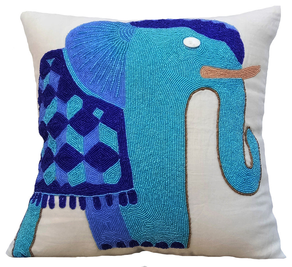 Blue Decorative Pillow Covers 14"x14" Cotton, Blue Elephant