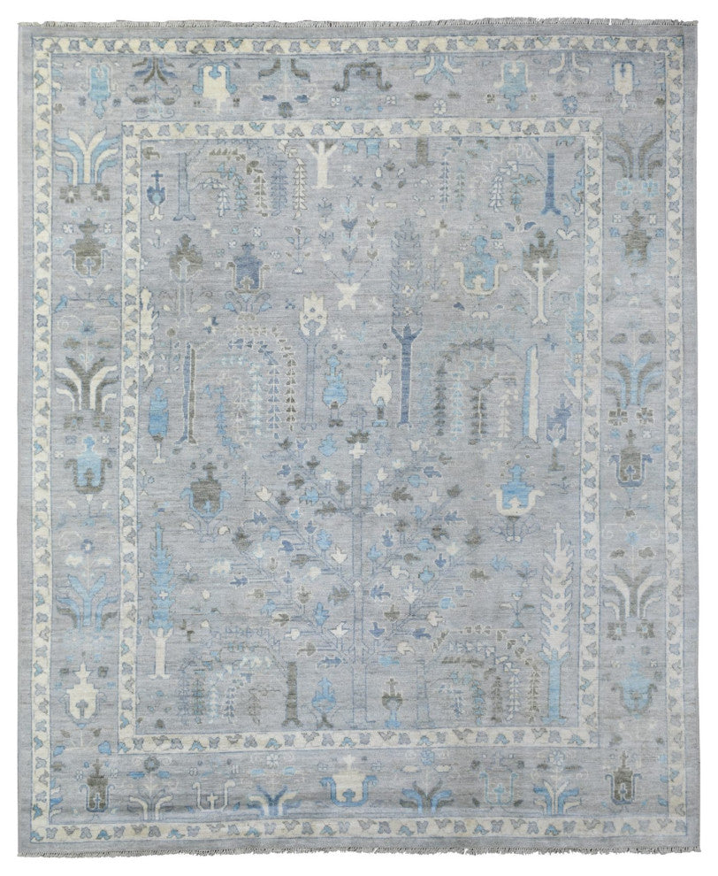 Gray Angora Oushak Willow and Cypress Tree Design Hand Knotted Rug, 8'2"x9'10"