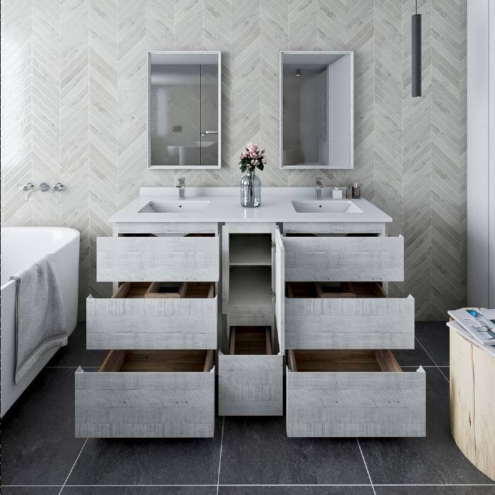 Fresca Formosa Modern 60" Rustic White Floor Standing Double Sink Vanity Set