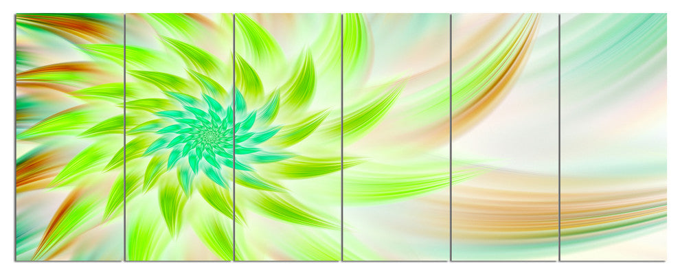 Huge Bright Green Fractal Flower, Floral Canvas Art Print, 70"x28", 6 Panels