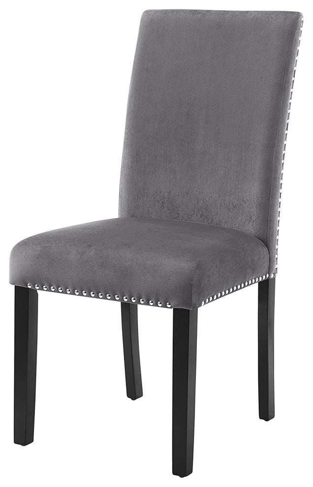 Set of 2 Dining Chair, Gray Velvet Seat & Back With Silver Nailhead Trim Accents
