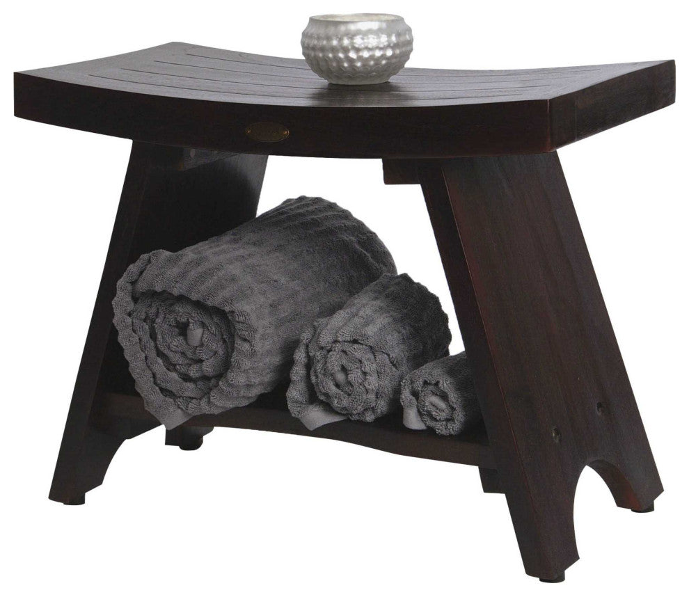 HomeRoots Teak Rectangular Shower Bench With Shelf, Brown Finish