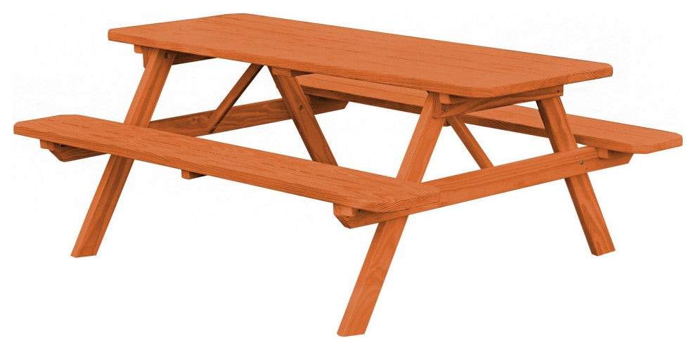 Pine Picnic Table with Attached Benches, Redwood Stain, 8 Foot