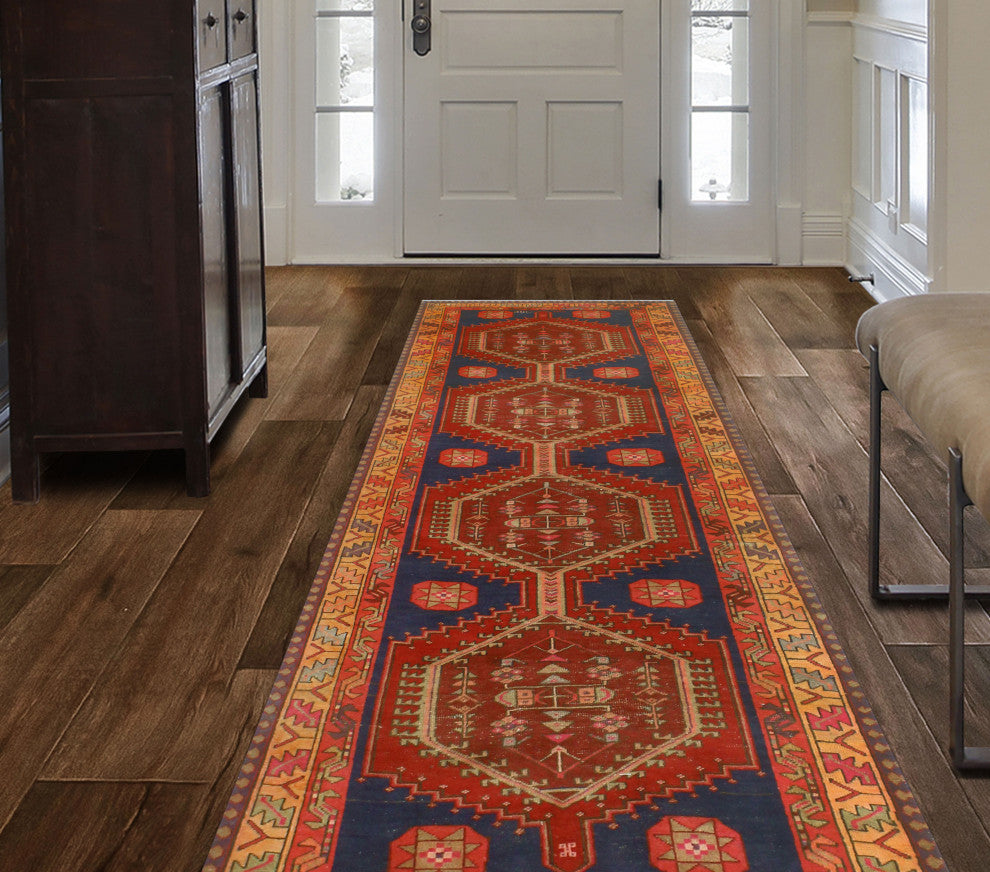 Fine Vintage Distressed Fatina Burgundy/Navy Runner, 3'11x10'3