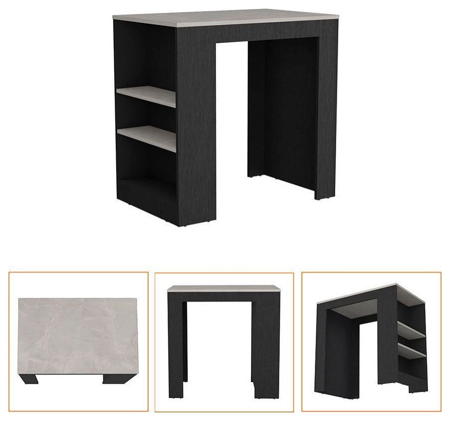 Harlan Kitchen Island With 3 Side Shelves, Black/Ibiza Marble