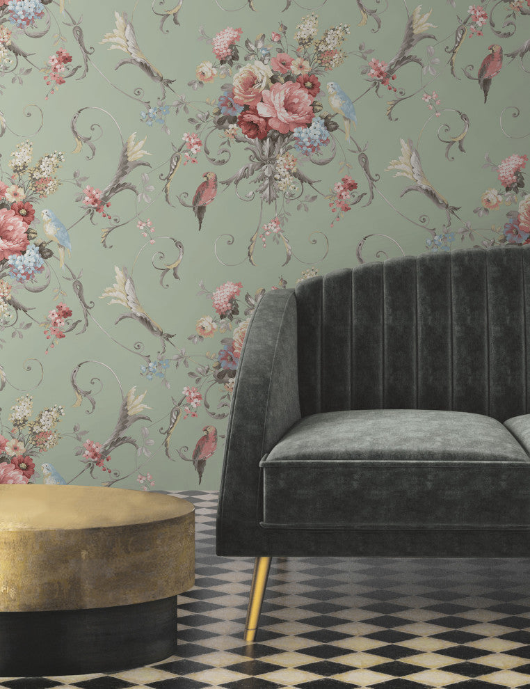 Parrots with Floral Bouquets Eucalyptus Peel and Stick Wallpaper