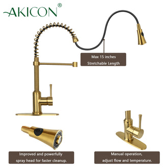 Copper Pre-Rinse Spring Pull Down Kitchen Faucet With Deck Plate Brushed Gold