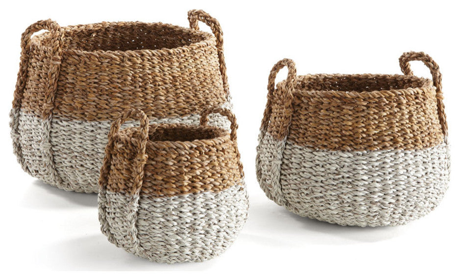 Seagrass Round Baskets With Handles, White and Natural, Set of 3