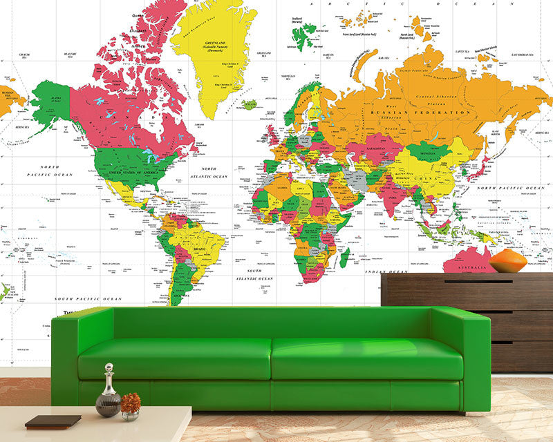 White Oceans World Political Map Wall Mural, Peel and Stick, 1-Panel, 62"x42"