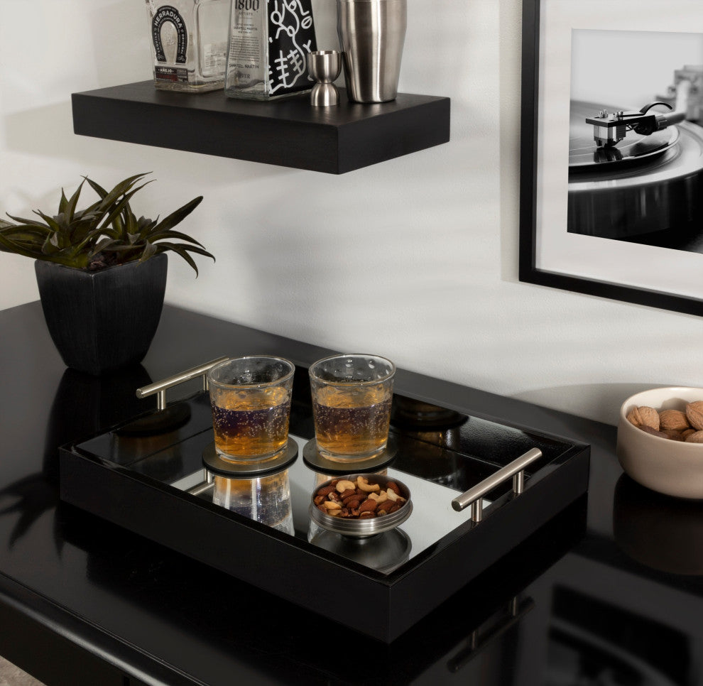 Lipton Decorative Wood Tray with Metal Handles, Black/Mirror