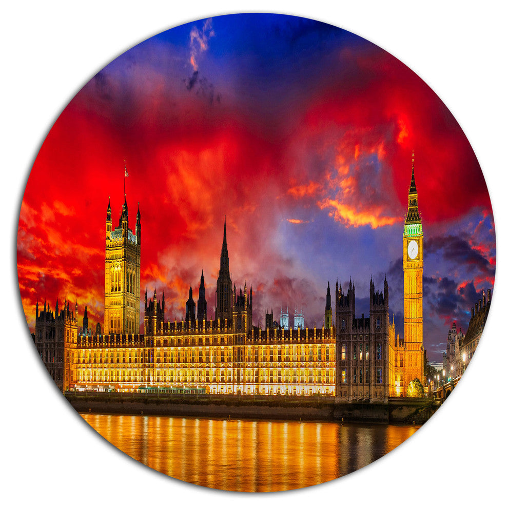 House Of Parliament At River Thames, Cityscape Round Wall Art, 23"