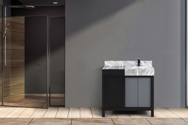 Zilara 36" Black and Grey Vanity, Cascata Nera Matte Black Faucet Set