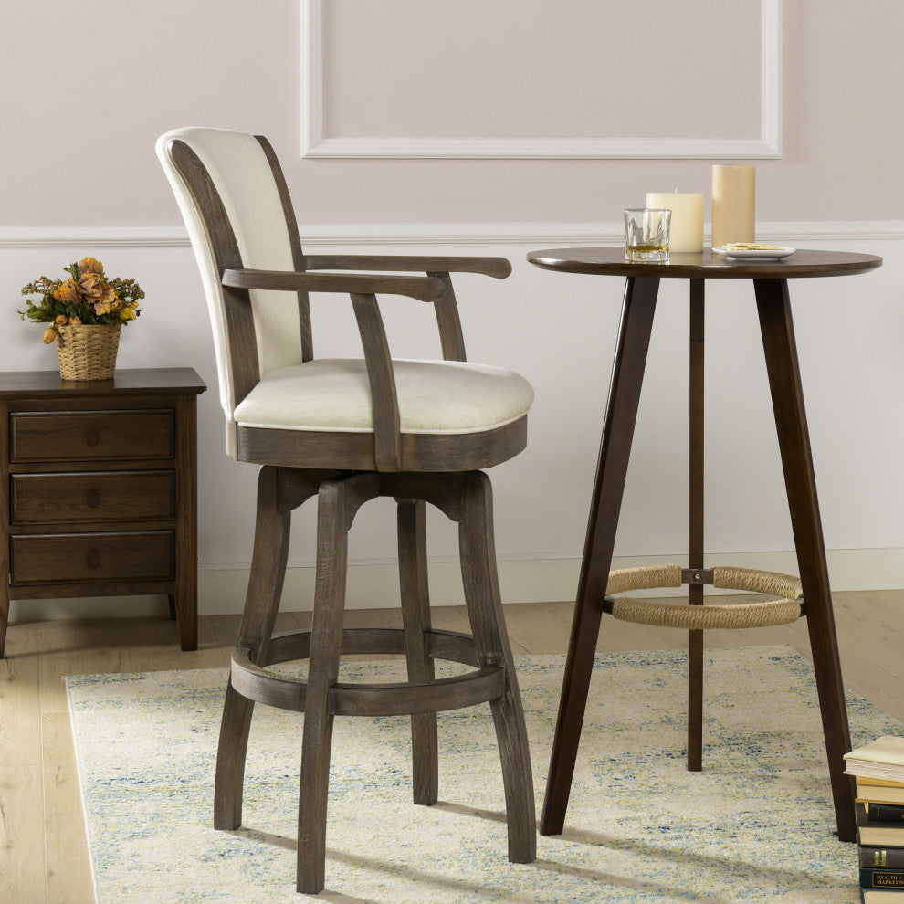 Williams Swivel Bar and Counter Stool With Armrests, Natural White Linen, Bar Height