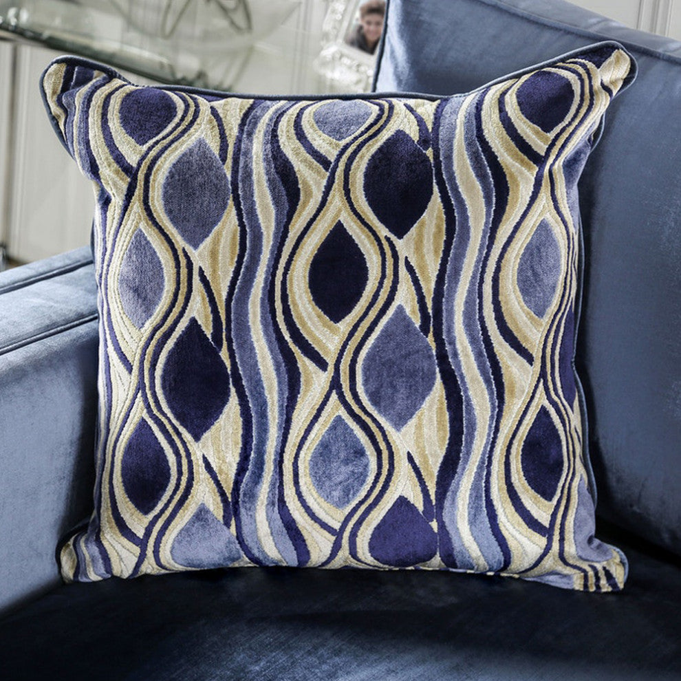 Microfiber And Wooden Love Seat with Bench Style Cushion Design, Satin Blue, L