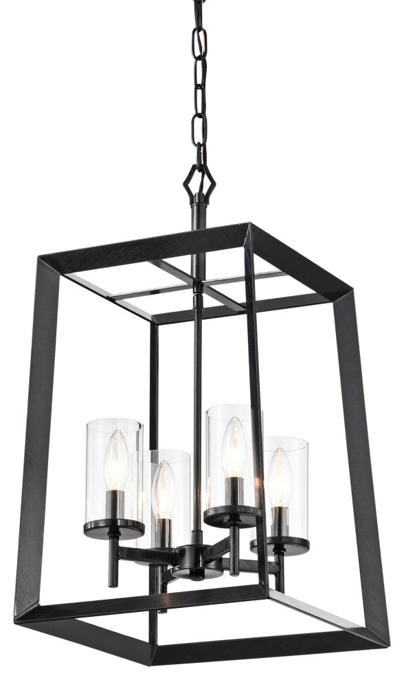 4-Light Antique Black Geometric Cage Lantern Pendant With Clear Glass Shades