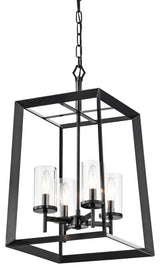 4-Light Antique Black Geometric Cage Lantern Pendant With Clear Glass Shades