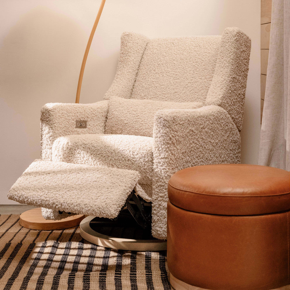 Kiwi Electronic Recliner and Swivel Glider With USB port, Almond Teddy Loop With Light Wood Base