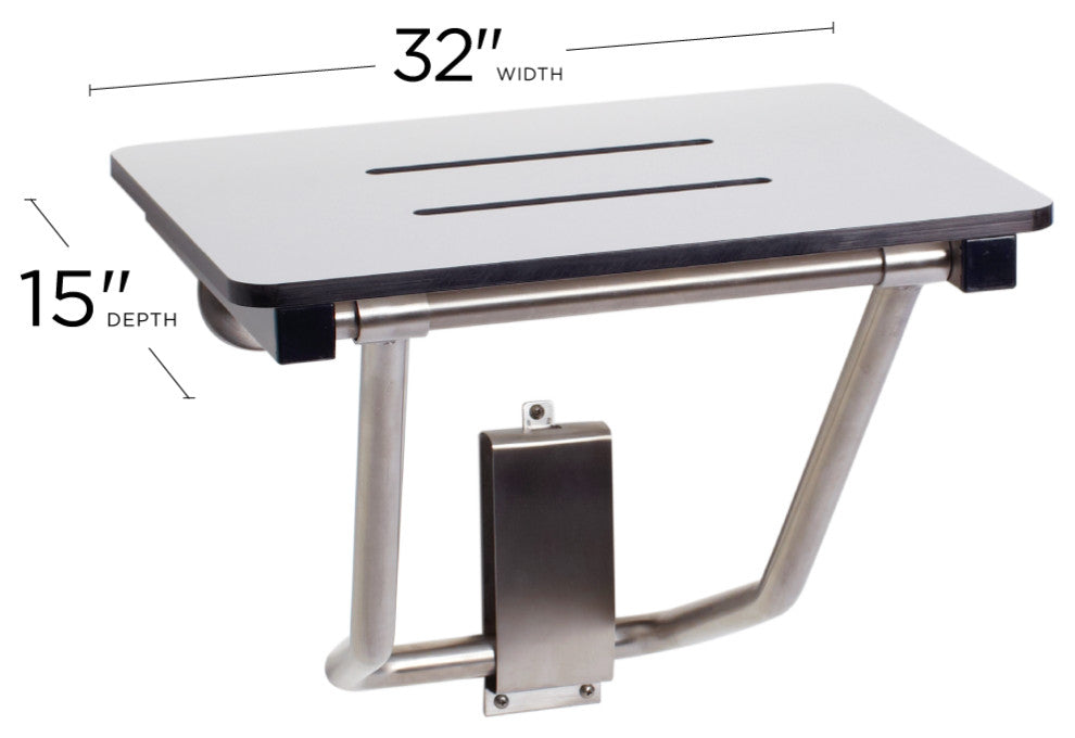 32" x 15" White Folding Wall Mount Shower Seat Bench, ADA Compliant