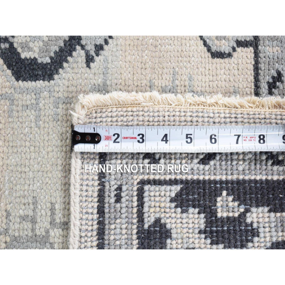 Cream Small Intricate Repetitive Design Pure Wool Hand Knotted Rug, 6'0"x9'0"