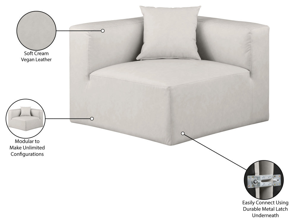 Cube Upholstered Modular Component, Cream, Vegan Leather, Corner Chair