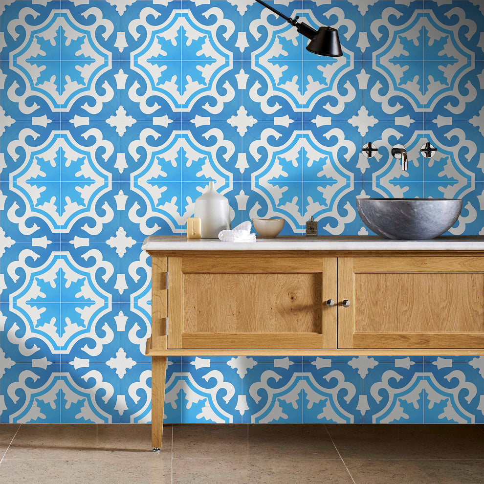 8"x8" Tanger Handmade Cement Tile, Blue/Light Blue, Set of 12