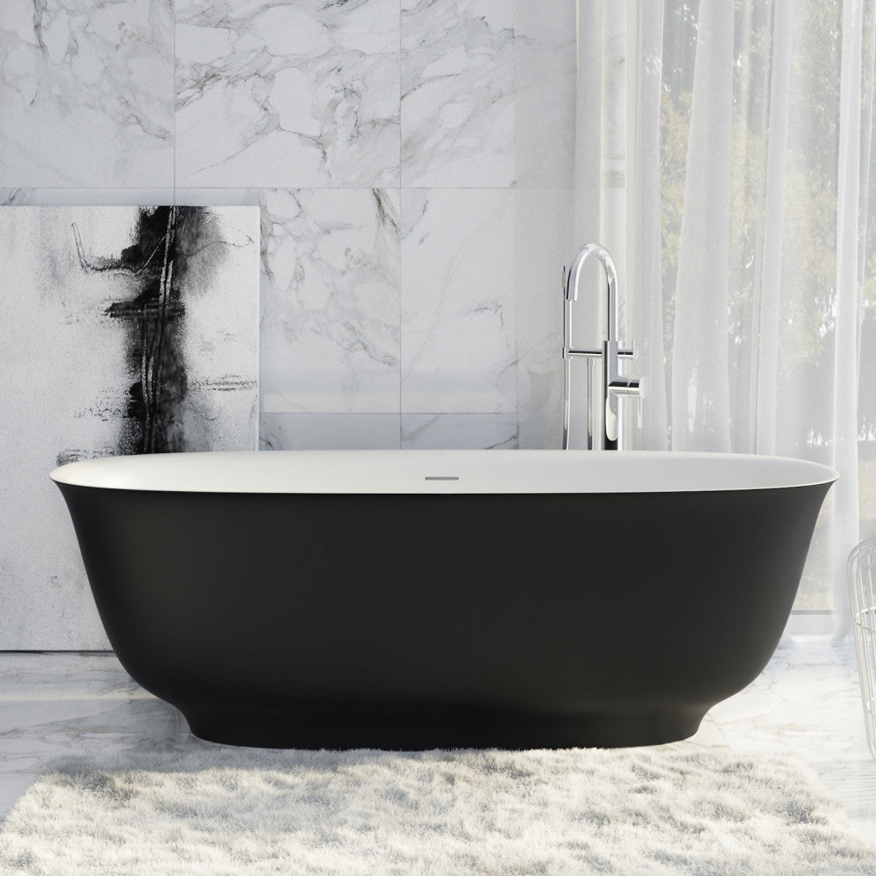 Perlato Ravenna 67" Eco-Lapistone Freestanding Soaker Tub, Matte Black Exterior