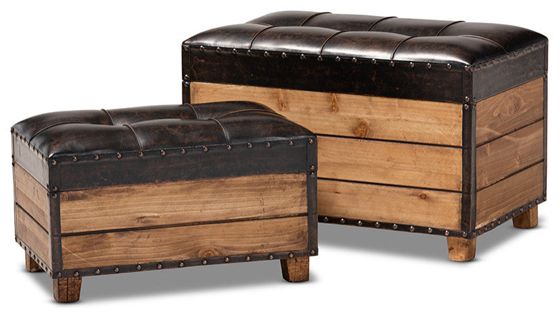 Marelli Rustic Dark Brown Faux Leather 2-Piece Storage Trunk Ottoman Set of 2