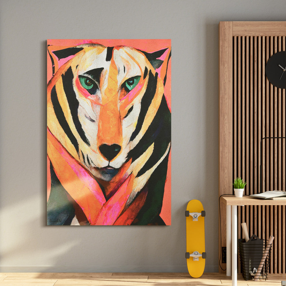 "Vibrant Majesty", Tiger Rendered on Gold Shagreen Wrapped Canvas Wall Art