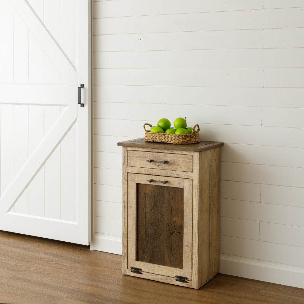 Reclaimed Oak Tilt-out Garbage Bin With Drawer, White With Van Dyke Brown and Smoked Hickory