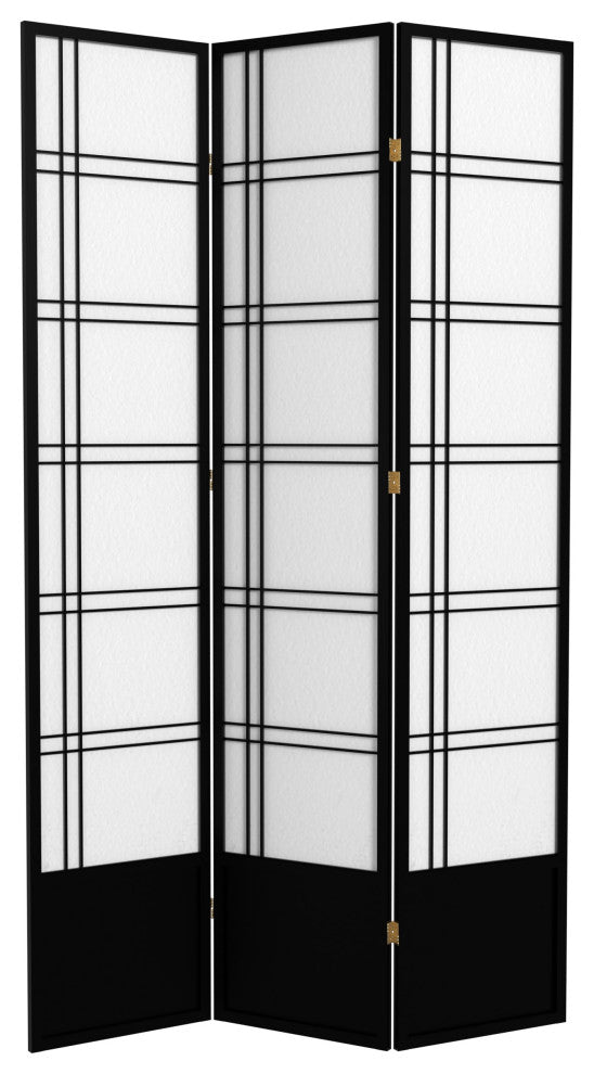 7' Tall Double Cross Shoji Screen, Black, 3 Panels