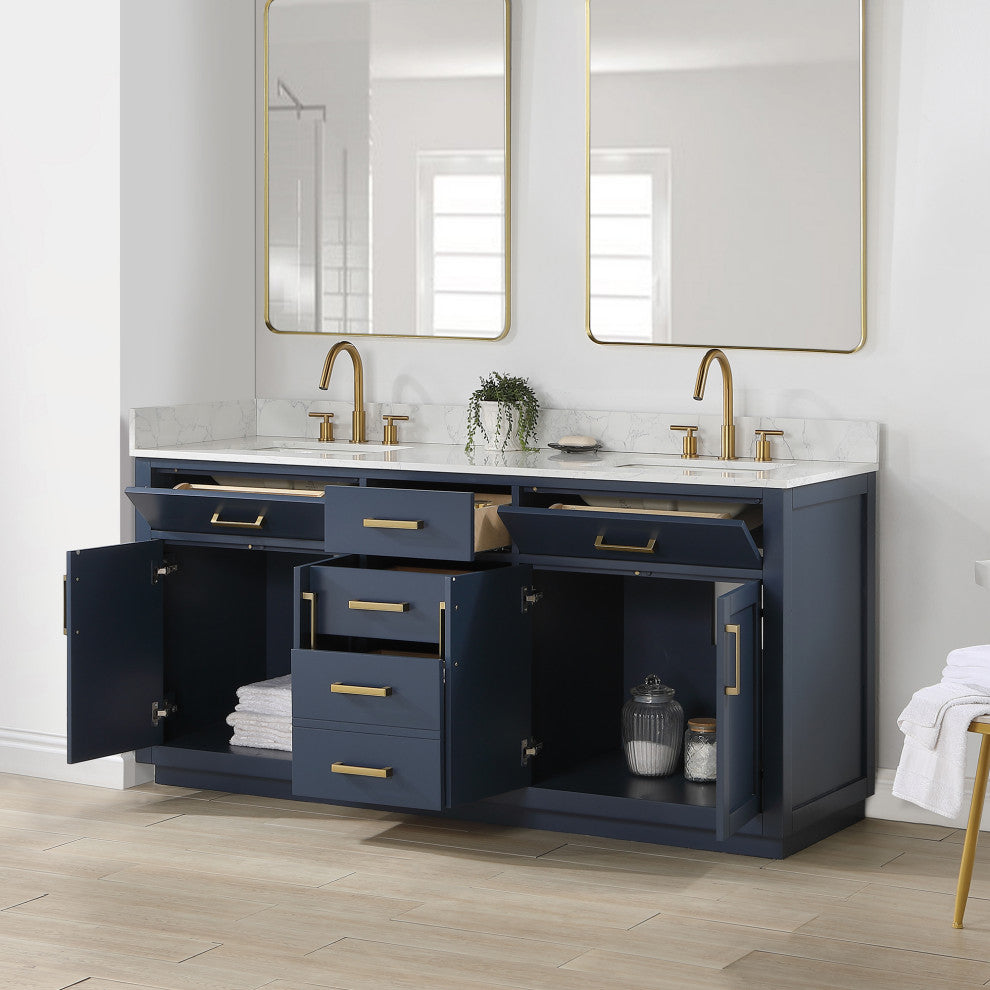 Gavino Vanity With Grain White Composite Stone Top, Royal Blue/Brushed Gold, 72", No Mirror