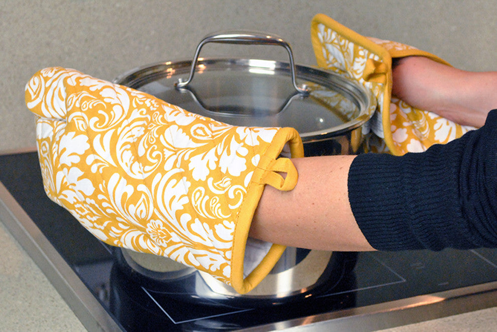 Mustard Damask Oven Mitt & Potholder Set