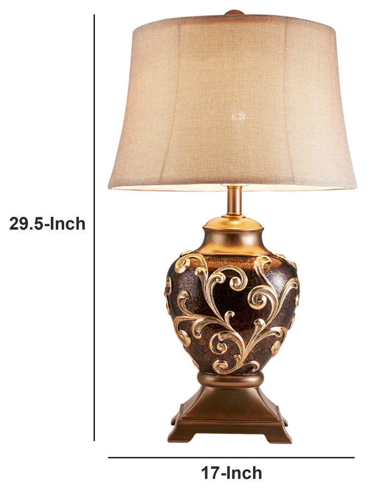 Benzara BM240299 Table Lamp With Filigree Accent Base and Fabric Shade, Brown