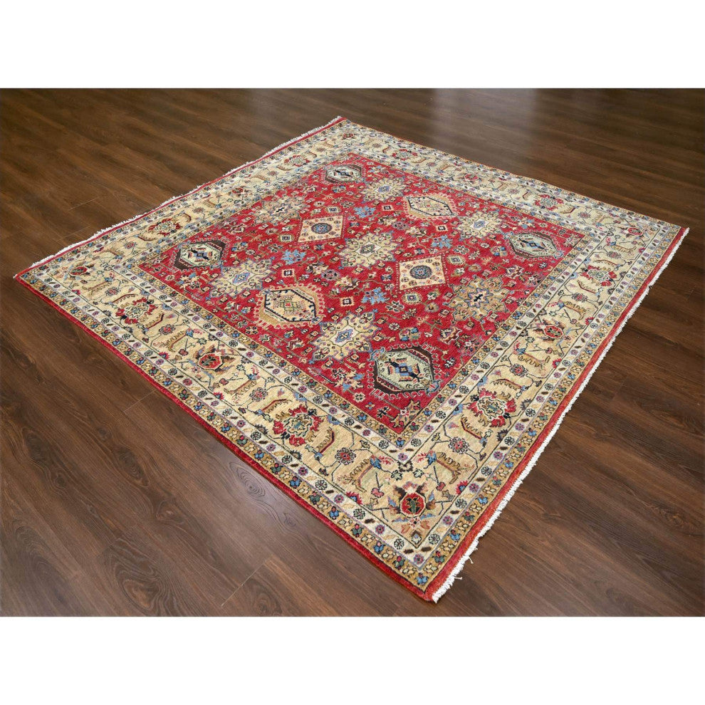 Fire Brick Red Hand Knotted Wool Karajeh Design Square Oriental Rug, 8'x8'