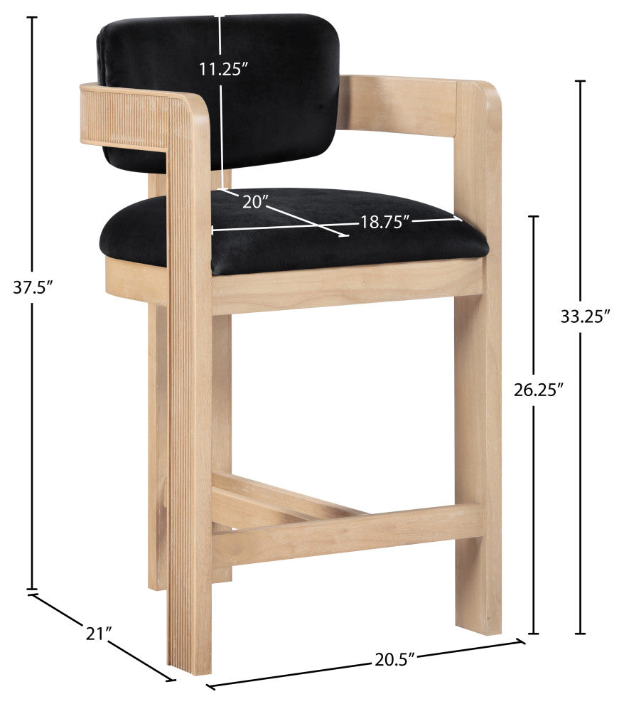 Sacha Upholstered Bar and Counter Stool, Black, Velvet, Natural