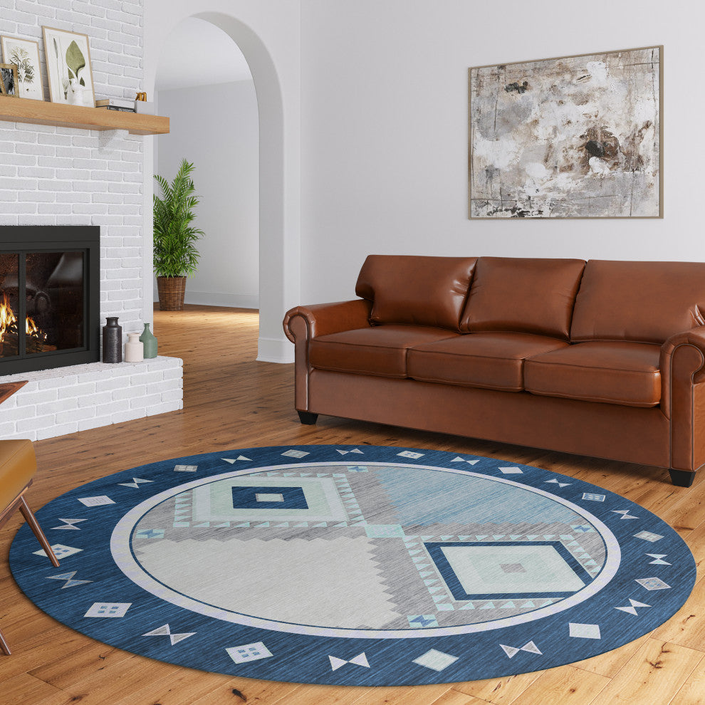 Indoor/Outdoor Phoenix PH2 Denim Machine Washable 8' x 8' Round Rug