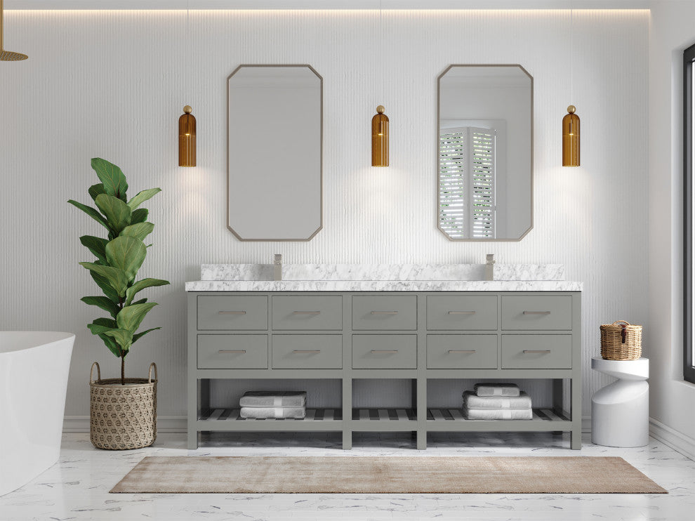 Parker 84 Double Sink Bath Vanity in Elephant Skin Gray  2" Carrara Marble