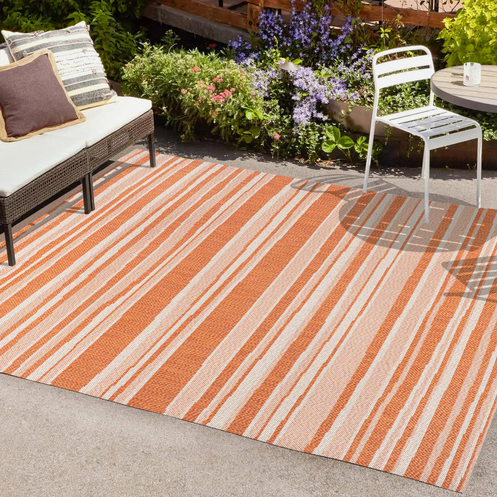 Castara Wavy Stripe Modern Indoor/Outdoor Area Rug, Orange/Cream, 8x10