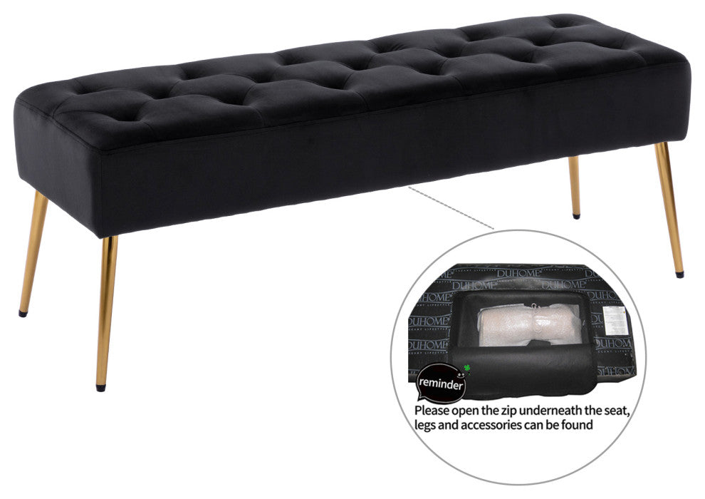 Button Tufts Bedroom Bench, Black-Velvet
