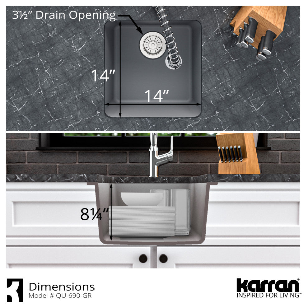 Karran Undermount Quartz Composite 17" Bar Single Bowl Sink, Grey
