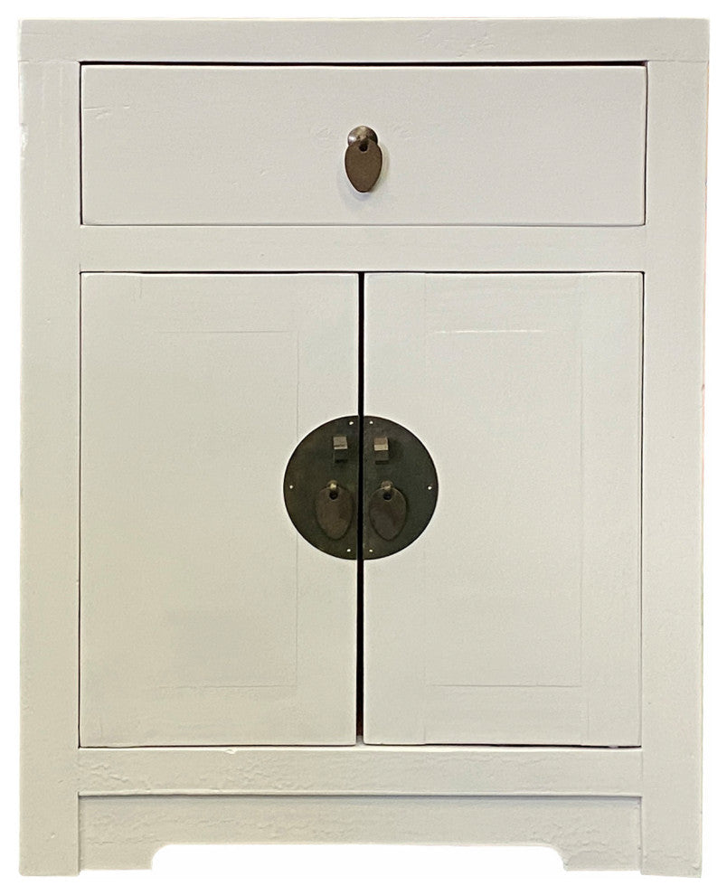 Distressed White Lacquer MoonFace End Table Nightstand Cabinet Hcs7039