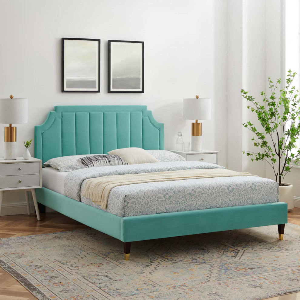 Platform Bed Frame, King Size, Velvet, Blue, Modern Contemporary, Bedroom Master