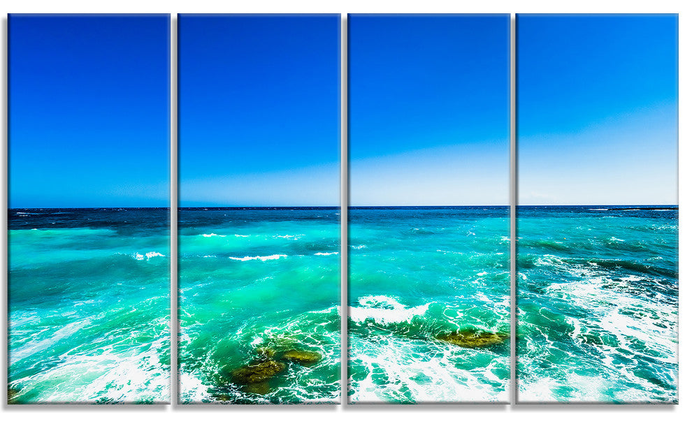 Seashore with Clear Water and Sky, Modern Seashore Canvas Art, 48"x28", 4 Panels