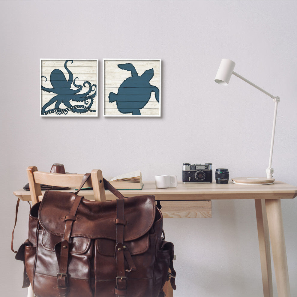 Nautical Blue Silhouette Octopus Sea Turtle Aquatic Animals,12 x 12