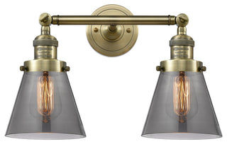 2-Light Small Cone 16" Bath Fixture, Antique Brass, Glass: Smoked
