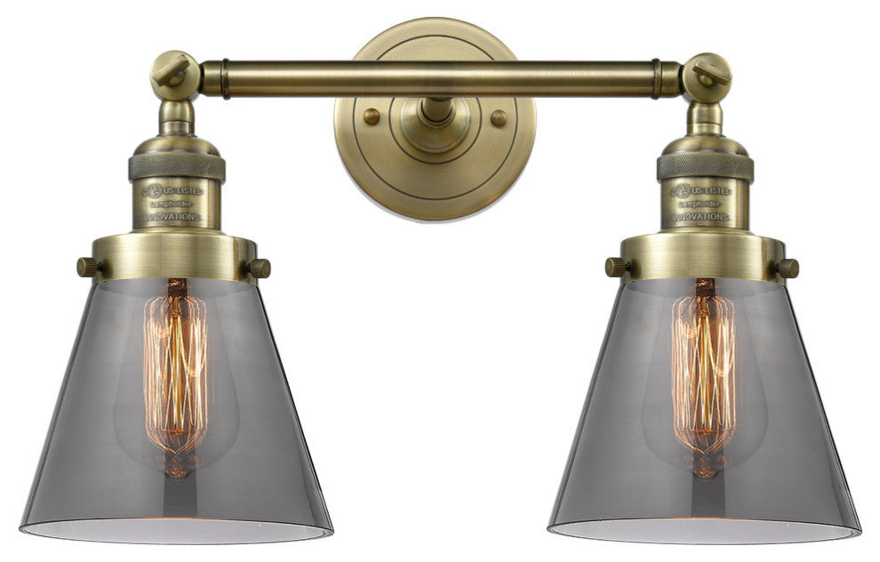 2-Light Small Cone 16" Bath Fixture, Antique Brass, Glass: Smoked